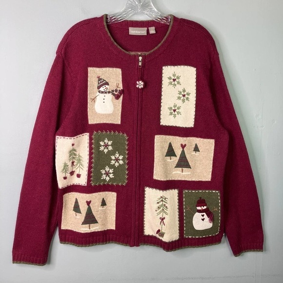 Croft & Barrow Wool Angora Snowman Christmas Tree Burgundy Full Zip Sweater Sz L - Picture 1 of 16